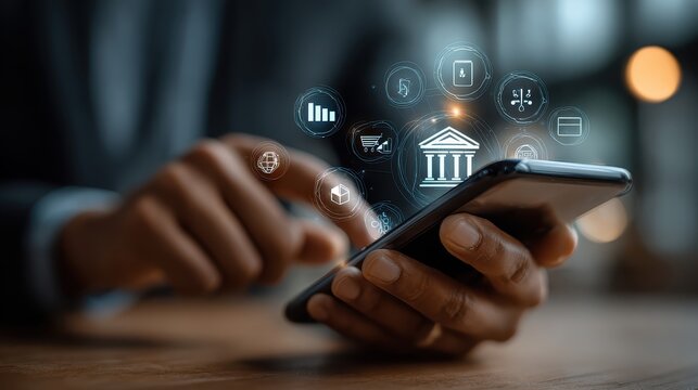 Man uses Smartphone for Mobile Banking with Holographic Icons Showing Financial Data, Bank Icon, and Currency Exchange - Powered by Adobe