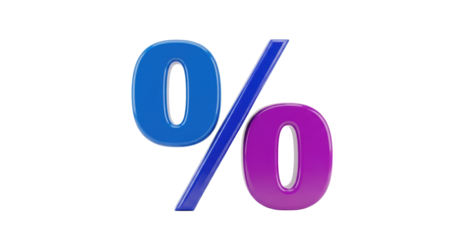 Isolated Percentage Sign with Symbol Icon, Blue Diagonal Line and Purple Zero Design Element