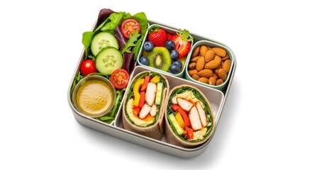 Healthy and balanced lunchbox with chicken wraps, fresh salad, mixed berries, and almonds, perfect for a nutritious meal on the go.