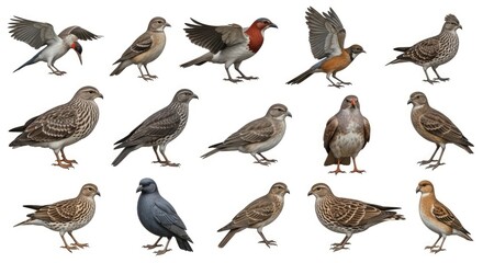 A diverse collection of various bird species, including colorful and patterned birds, isolated on a white background, showcasing avian diversity.