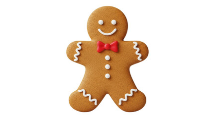 Isolated gingerbread man cookie cutout with bow and dots, tasty holiday baking treat