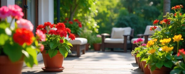 Vibrant potted geraniums add a splash of color to a sun-drenched patio, creating a welcoming and cheerful outdoor space  Perfect for summer vibes and garden decor , botanical, decoration, red flowers