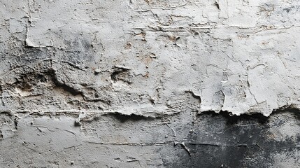 Fototapeta premium Textured wall with peeling white paint reveals gray and brown layers underneath