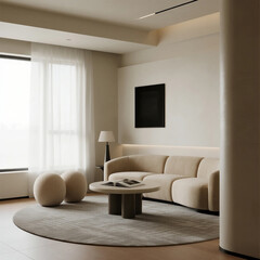 Minimalist living room with round sofa and soft lighting