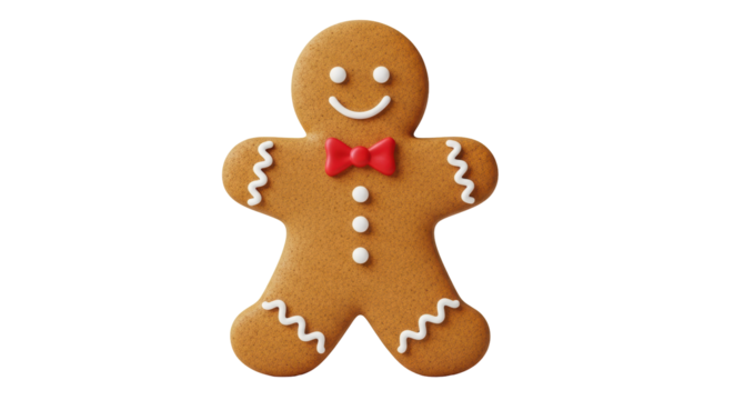 Isolated gingerbread man cookie cutout with bow and dots, tasty holiday baking treat