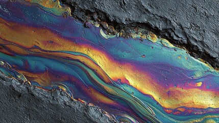 Iridescent oily spill on dark asphalt; rainbow shimmering liquid effect
