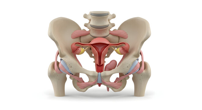3D Model of Female Skeletal Pelvis &ndash; showing pelvic bones with attached ligaments and reproductive organ placement, isolated on white background.