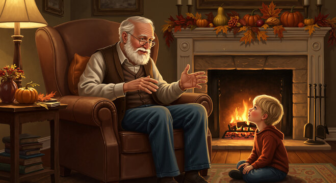 A wise grandfather storytelling to an attentive grandson by a cozy fireplace with autumn decor, an image for blogs on family traditions and intergenerational wisdom.