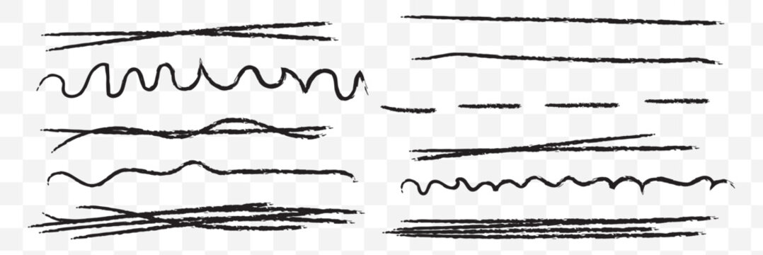 Colorful crayon divider set - purple dots, pink strokes, blue zigzag, green lines, orange waves, red dashes with chalk textured effect. Hand drawn underline for borders, highlighting or decoration