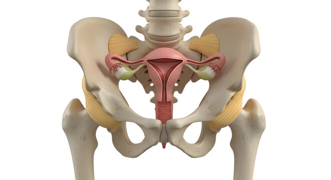 3D Model of Female Skeletal Pelvis – showing pelvic bones with attached ligaments and reproductive organ placement, isolated on white background.
