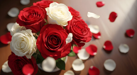 Red and White Roses Bouquet with Scattered Petals on Wooden Table