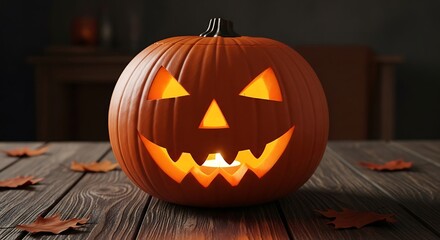 Halloween Pumpkin Jack-o-lantern on Wooden Table.