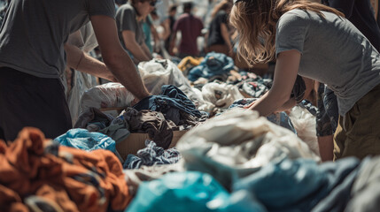 A community "fashion waste" recycling day, where volunteers sort discarded clothing for reuse or recycling.