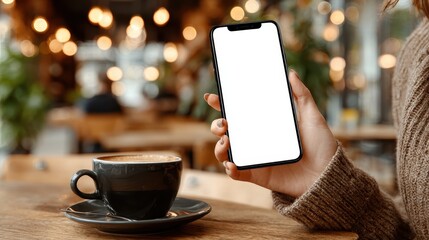Woman looks at blank screen on mobile device at coffee shop table next to coffee cup during the day in a bright setting