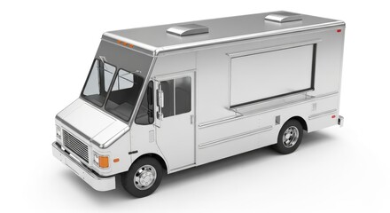 3D render of a generic silver food truck with a blank serving window, isolated on a white background. Perfect for branding and culinary business co...