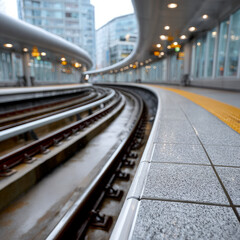 Obraz premium Modern urban train station with empty curved platform and rails.