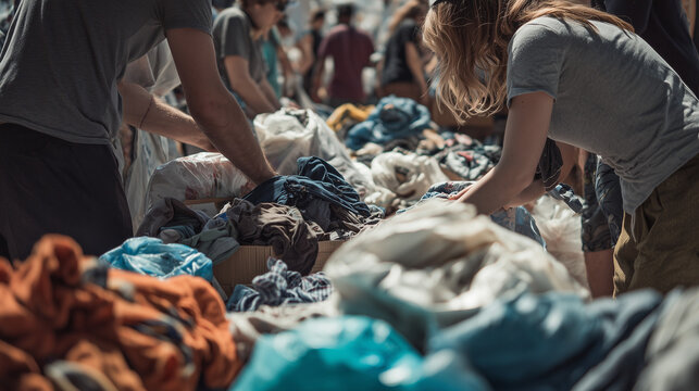 A community "fashion waste" recycling day, where volunteers sort discarded clothing for reuse or recycling.