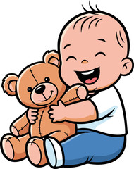Joyful Cartoon Baby Hugging a Stitched Brown Teddy Bear with Closed Eyes