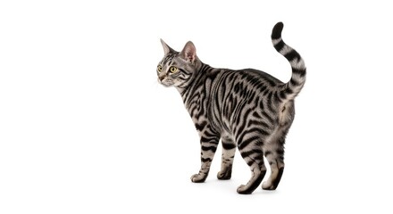 A striking silver tabby cat with beautiful striped fur, captured in a curious pose on a clean white background.