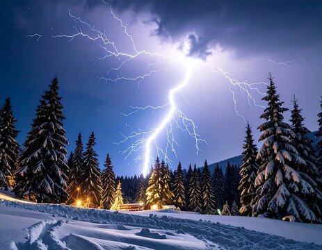 Dramatic lightning strike over a snowy mountain forest at night