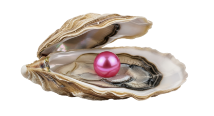 Isolated oyster with a pink pearl shining in the shell, showing its iridescent surface