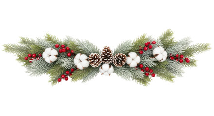 Isolated arrangement of frosted Christmas pine garland with red berries and cotton blossoms