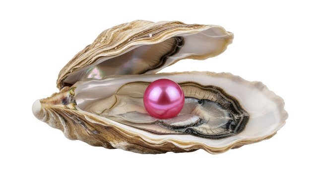 Isolated oyster with a pink pearl shining in the shell, showing its iridescent surface