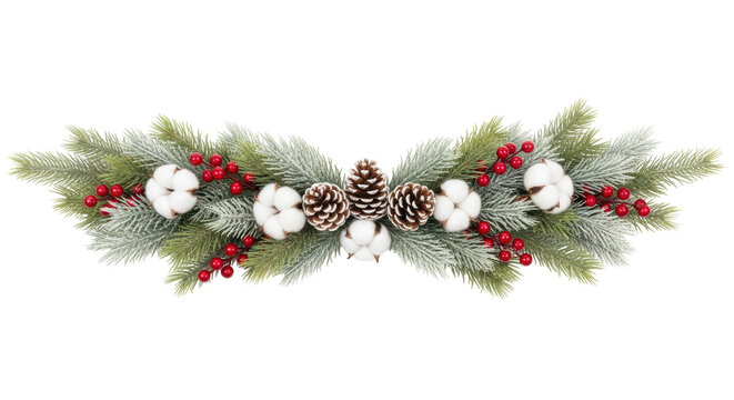 Isolated arrangement of frosted Christmas pine garland with red berries and cotton blossoms