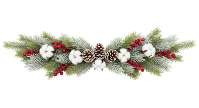 Isolated arrangement of frosted Christmas pine garland with red berries and cotton blossoms