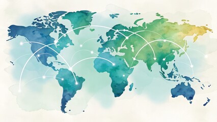 watercolor world map with global network lines connecting various continents