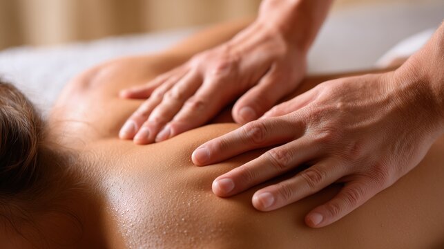 Close up of hands giving relaxing back massage therapy spa wellness treatment session