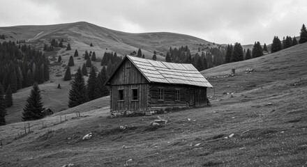 Obraz premium Monochrome Serenity: Rustic Cabin in the Mountainous Landscape Depicted in BW