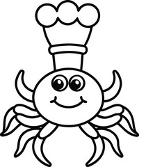 Cartoon crab with chef hat, icon style, line art, white background.