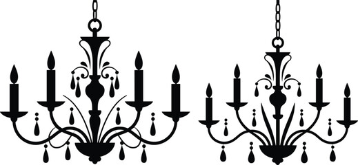 Elegant vintage chandelier silhouette, classic candle holder design, ornate hanging lamp, decorative lighting fixture, black vector art, luxury home decor, antique style illumination