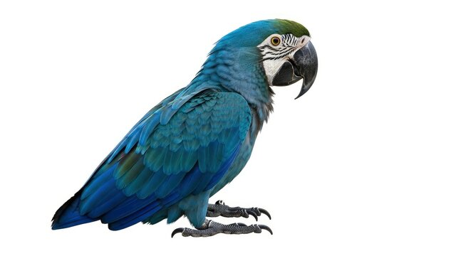 Vibrant blue macaw parrot with striking plumage and a watchful eye, isolated on a clean white background, showcasing its exotic beauty. - Powered by Adobe