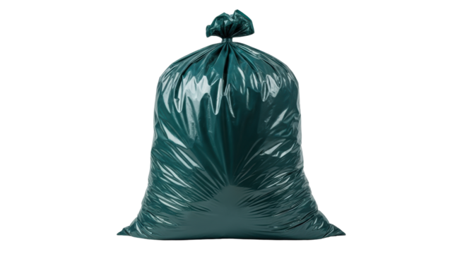 Isolated full green plastic trash bag, clean garbage sack, rubbish bin, waste, knot tied