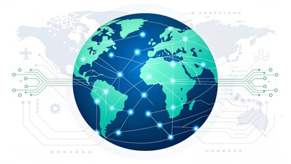 futuristic global network connections on a stylized earth with circuit lines and icons
