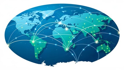 stylized global network connections over an elliptical map of the world