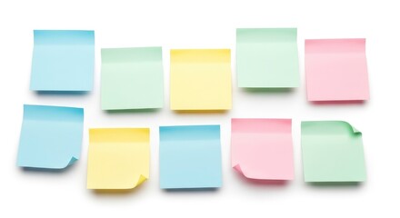 Colorful blank sticky notes in blue, green, yellow, and pink on a white background, perfect for reminders, ideas, or organization.