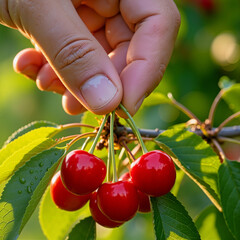 Hand Picking Fresh Red Cherries from Tree Branch in Orchard