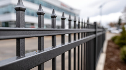 Naklejka premium Metal fence with spikes in urban setting