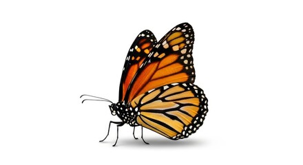 Fototapeta premium Vibrant monarch butterfly displaying its iconic orange, black, and white wings. Isolated on a crisp white background, perfect for design elements.