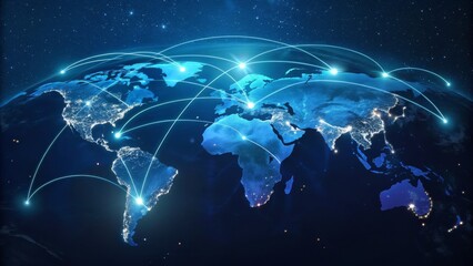 Fototapeta premium global communication concept, global communication network lines connect continents on a glowing blue earth map in starry space