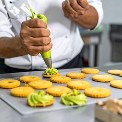 Chef decorating cookies with green frosting