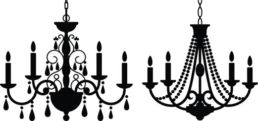 Elegant vintage chandelier silhouette, classic candle holder lighting, ornate hanging lamp design, black vector art, decorative chandelier
