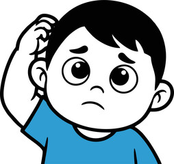 Pensive Young Boy Cartoon Illustration, Hand on Head, Blue Shirt