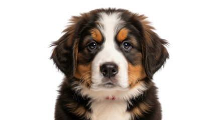 Isolated Bernese mountain dog puppy posing for camera with soft, fluffy fur and big eyes