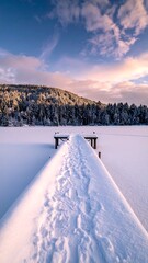 Snowy winter landscape with frozen lake and pier