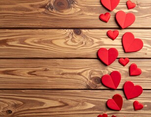 Red paper hearts on a wooden surface