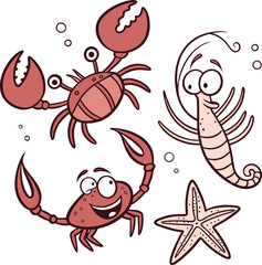 Funny crab, lobster, octopus, and starfish playing together, cartoon icon, hand-drawn line art, colourful fill, white background.